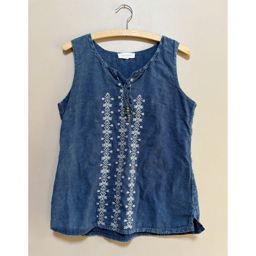 Luna Moon 100% Cotton Blue Sleeveless Tank Top Size Medium Boho Festival Tassel